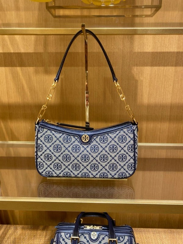 TORRY BURRCH T MONOGRAM JACQUARD SHOULDER BAG ADJUSTABLE STRAP WITH BOX