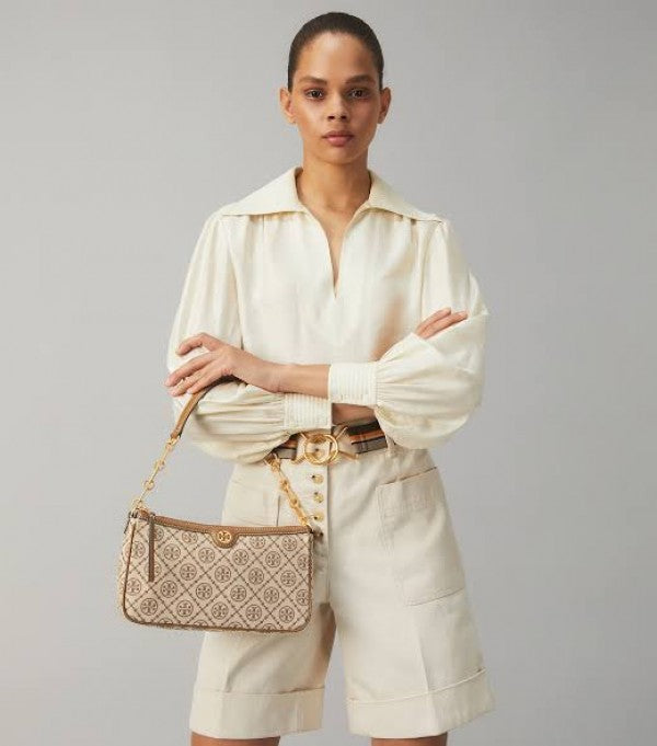 TORRY BURRCH T MONOGRAM JACQUARD SHOULDER BAG ADJUSTABLE STRAP WITH BOX