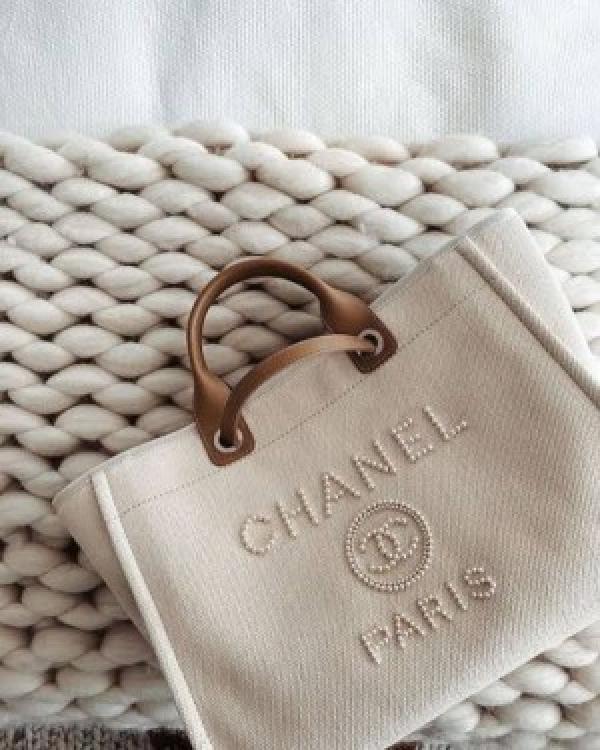Chanel deauville pearl canvas tote bag black