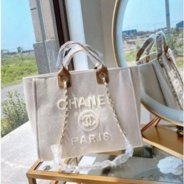Chanel deauville pearl canvas tote bag black