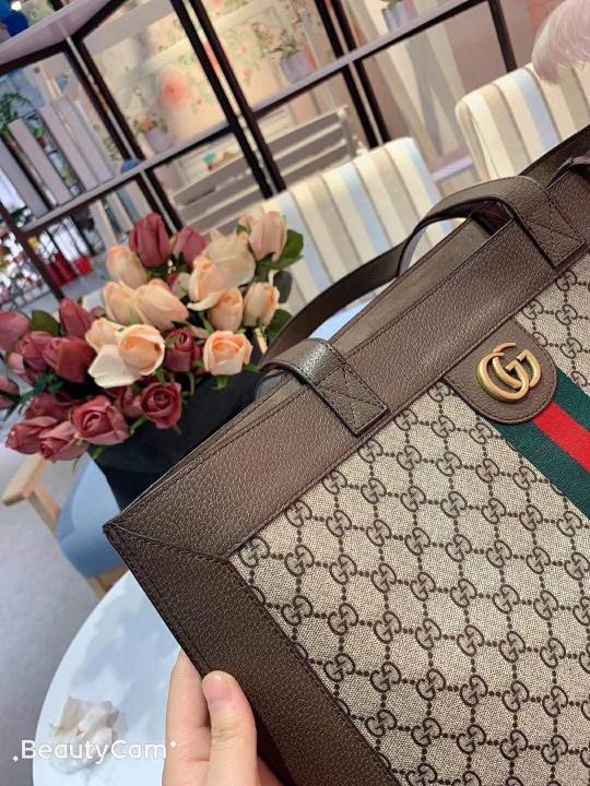 GUCCI CANVAS LEATHER TOTE BAG WITH POUCH
