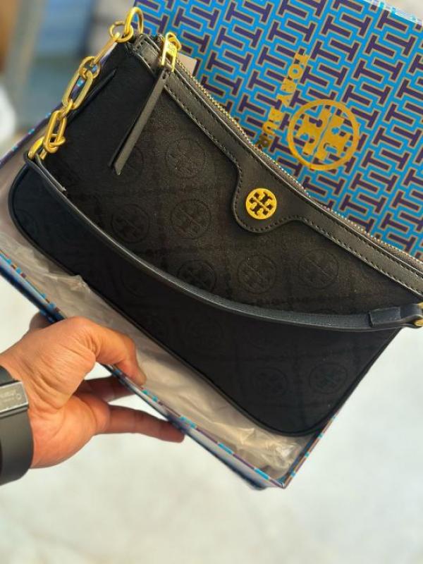 TORRY BURRCH T MONOGRAM JACQUARD SHOULDER BAG ADJUSTABLE STRAP WITH BOX