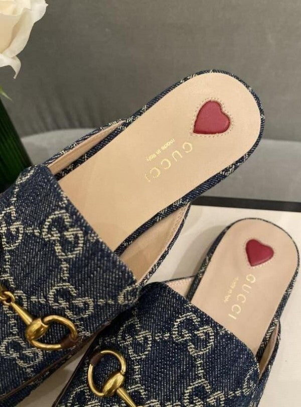 Gucci Denim Mules G Slides With Original Box Carry Bag