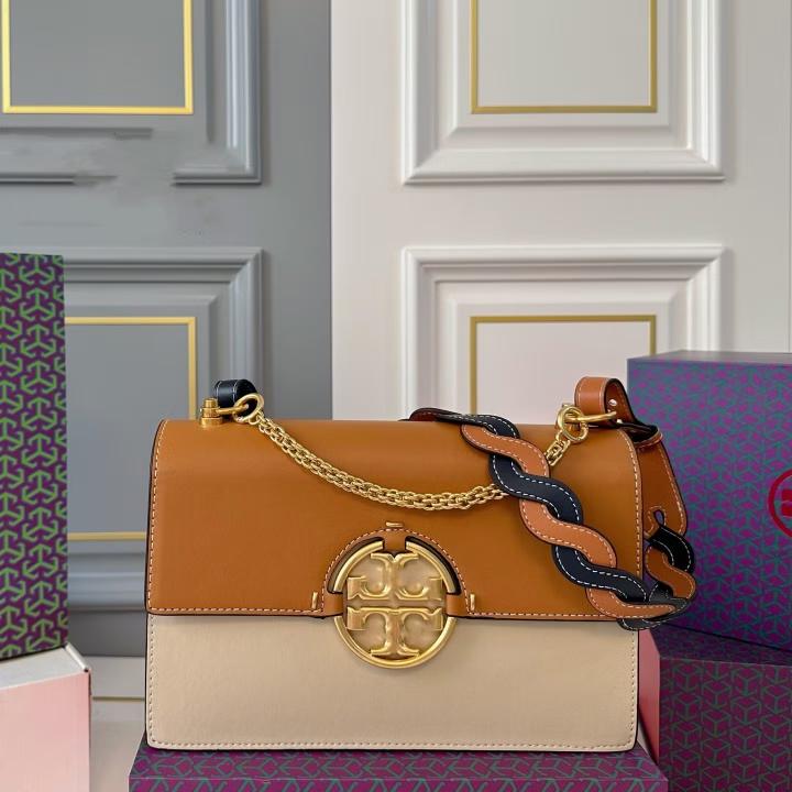 Tory Brown leather miller flap shoulder bag with box