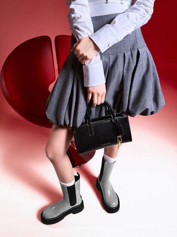 Charles keith Sabine Knotted Handle Trapeze Tote Bag Jet Black with og box