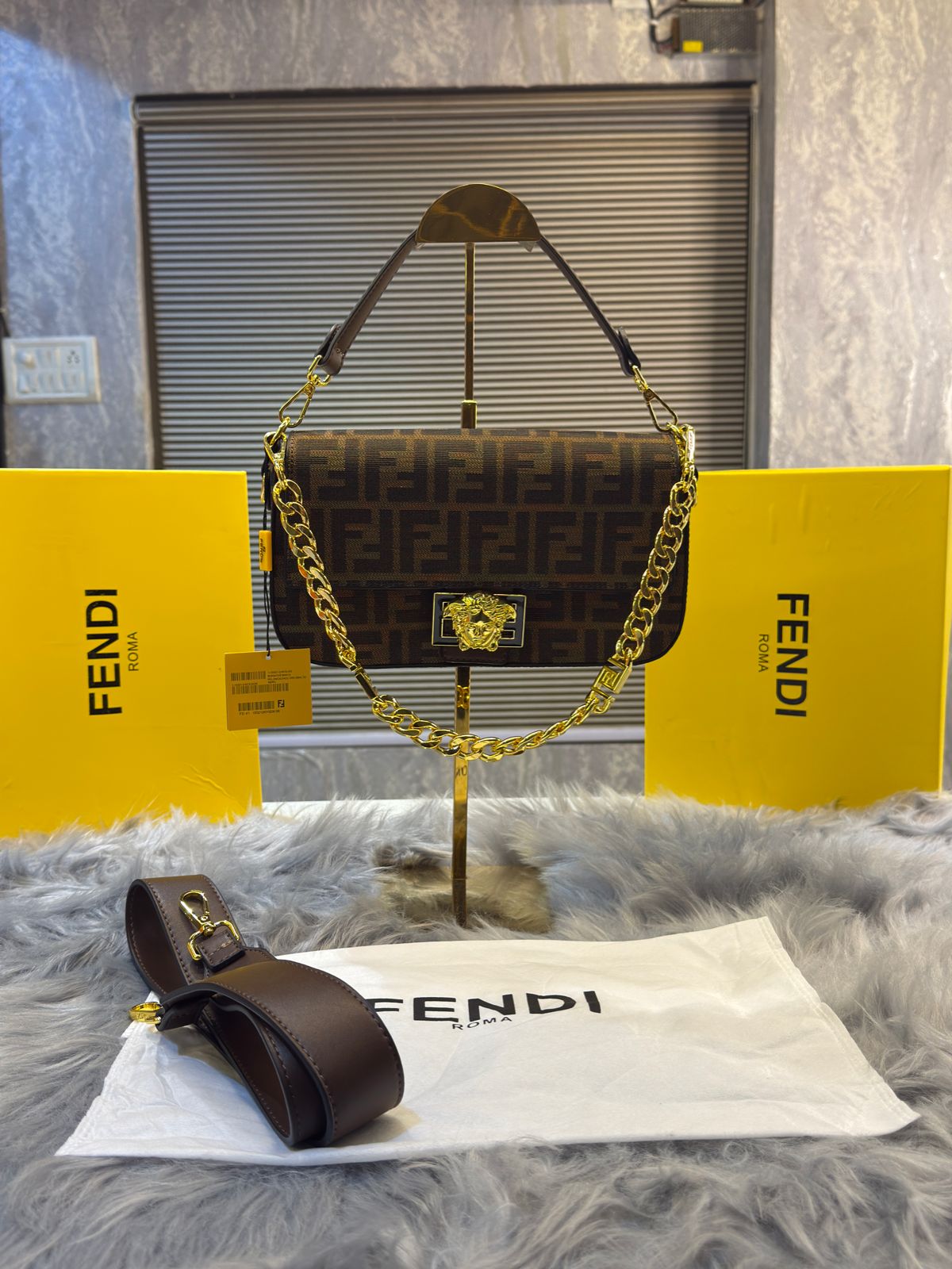 Fendi Baguette Jacquard FF fabric Bag Brown With box