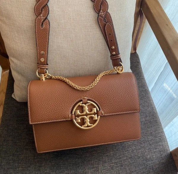 Tory Brown leather miller flap shoulder bag with box
