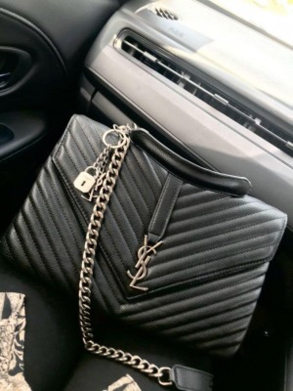 YSL SAINT LAURENT Grain De Poudre Matelasse Chevron Medium Monogram Satchel Black with box