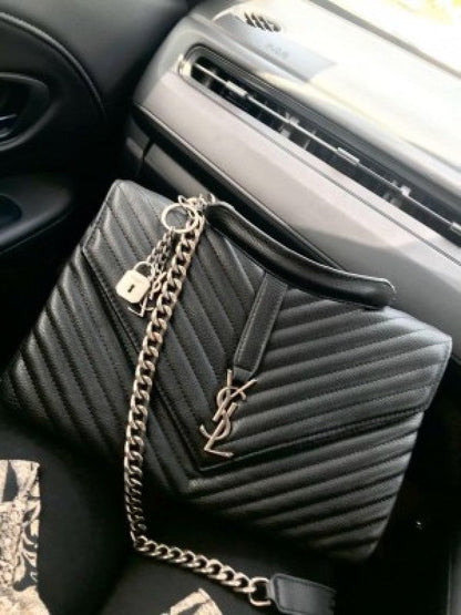 YSL SAINT LAURENT Grain De Poudre Matelasse Chevron Medium Monogram Satchel Black with box