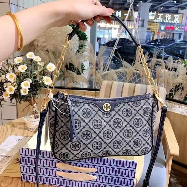 TORRY BURRCH T MONOGRAM JACQUARD SHOULDER BAG ADJUSTABLE STRAP WITH BOX