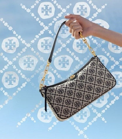 TORRY BURRCH T MONOGRAM JACQUARD SHOULDER BAG ADJUSTABLE STRAP WITH BOX