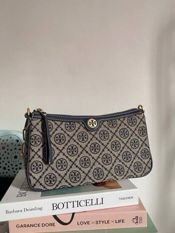 TORRY BURRCH T MONOGRAM JACQUARD SHOULDER BAG ADJUSTABLE STRAP WITH BOX