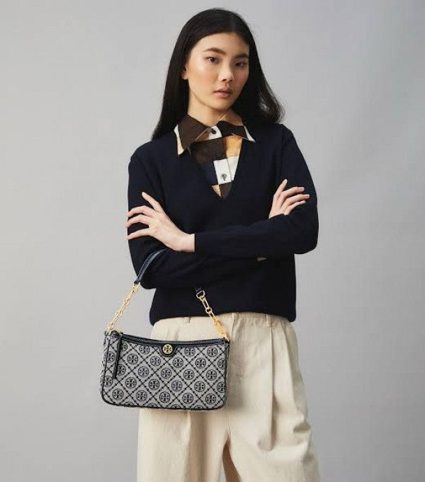 TORRY BURRCH T MONOGRAM JACQUARD SHOULDER BAG ADJUSTABLE STRAP WITH BOX