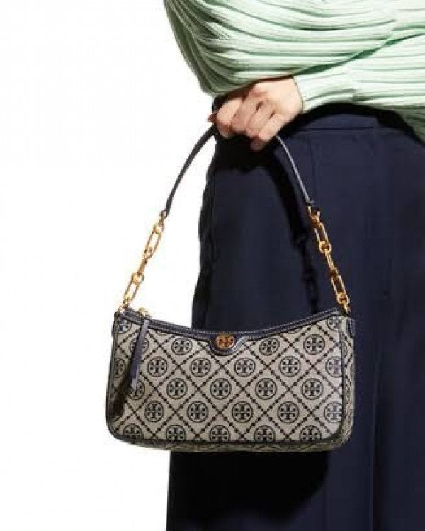 TORRY BURRCH T MONOGRAM JACQUARD SHOULDER BAG ADJUSTABLE STRAP WITH BOX
