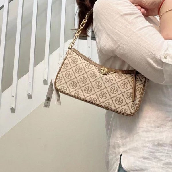 TORRY BURRCH T MONOGRAM JACQUARD SHOULDER BAG ADJUSTABLE STRAP WITH BOX