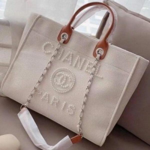 Chanel deauville pearl canvas tote bag black