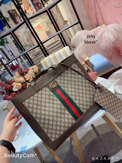 GUCCI CANVAS LEATHER TOTE BAG WITH POUCH