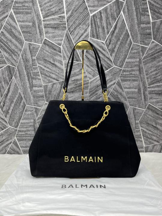 Balmain embellished leather trimmed cotton blend jacquard tote with dust cover
