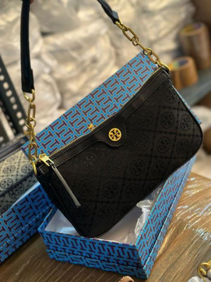 TORRY BURRCH T MONOGRAM JACQUARD SHOULDER BAG ADJUSTABLE STRAP WITH BOX