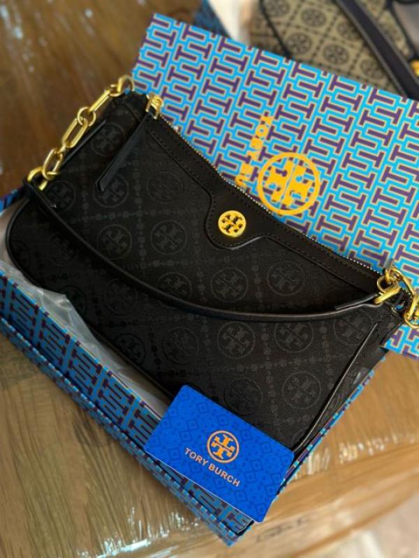 TORRY BURRCH T MONOGRAM JACQUARD SHOULDER BAG ADJUSTABLE STRAP WITH BOX