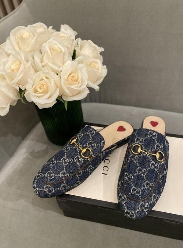 Gucci Denim Mules G Slides With Original Box Carry Bag