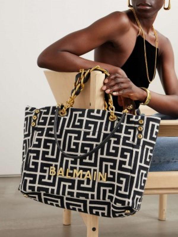 Balmain embellished leather trimmed cotton blend jacquard tote with dust cover