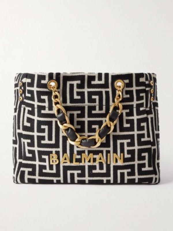 Balmain embellished leather trimmed cotton blend jacquard tote with dust cover