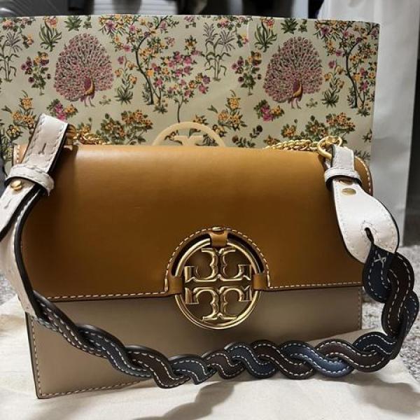 Tory Brown leather miller flap shoulder bag with box