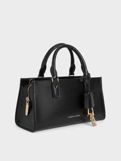 Charles keith Sabine Knotted Handle Trapeze Tote Bag Jet Black with og box