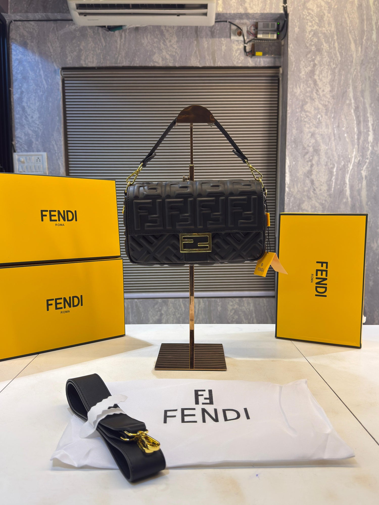 Fendi Baguette Jacquard FF fabric Bag Brown With box