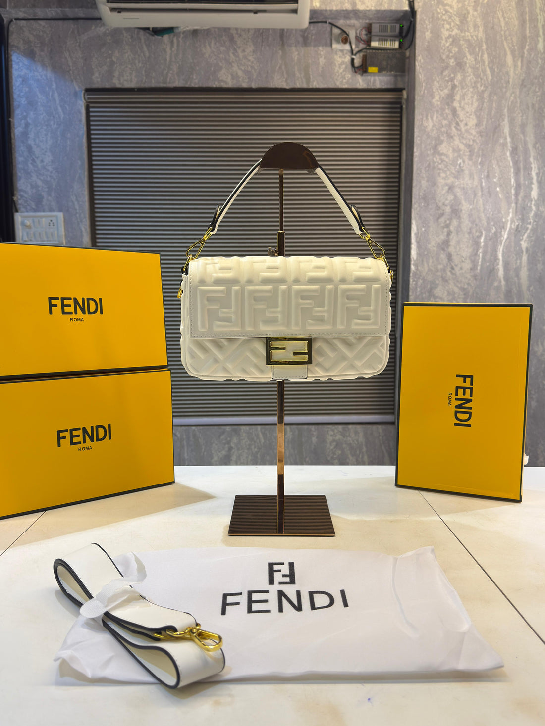 Fendi Baguette Jacquard FF fabric Bag Brown With box