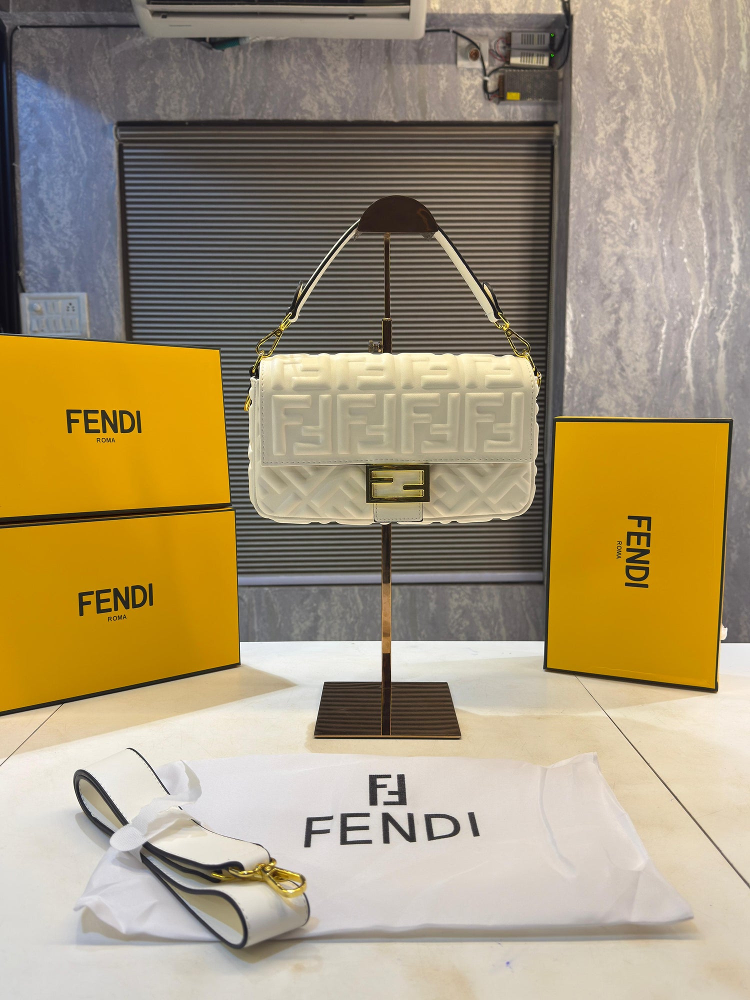 Fendi Baguette Jacquard FF fabric Bag Brown With box