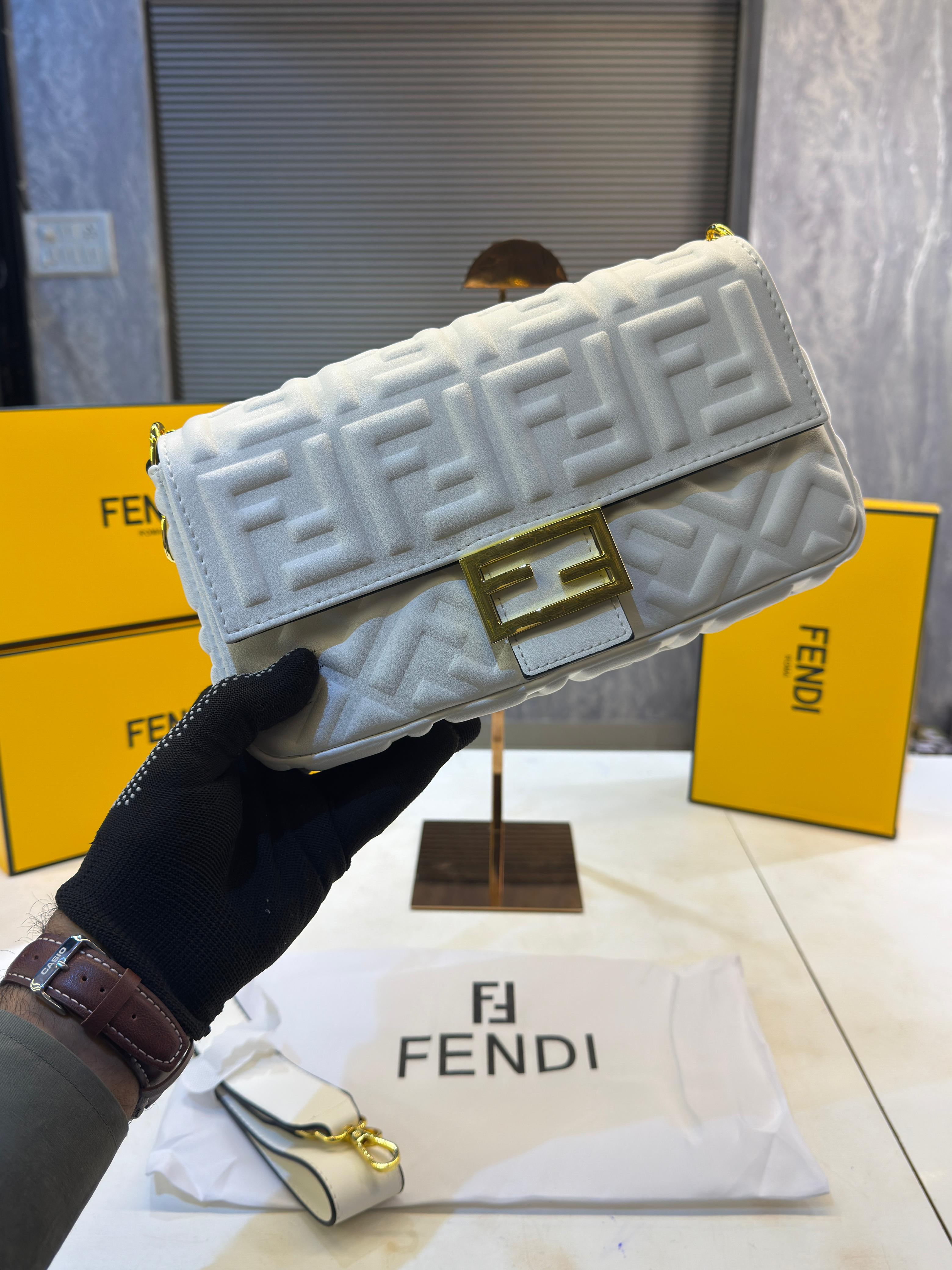 Fendi Baguette Jacquard FF fabric Bag Brown With box