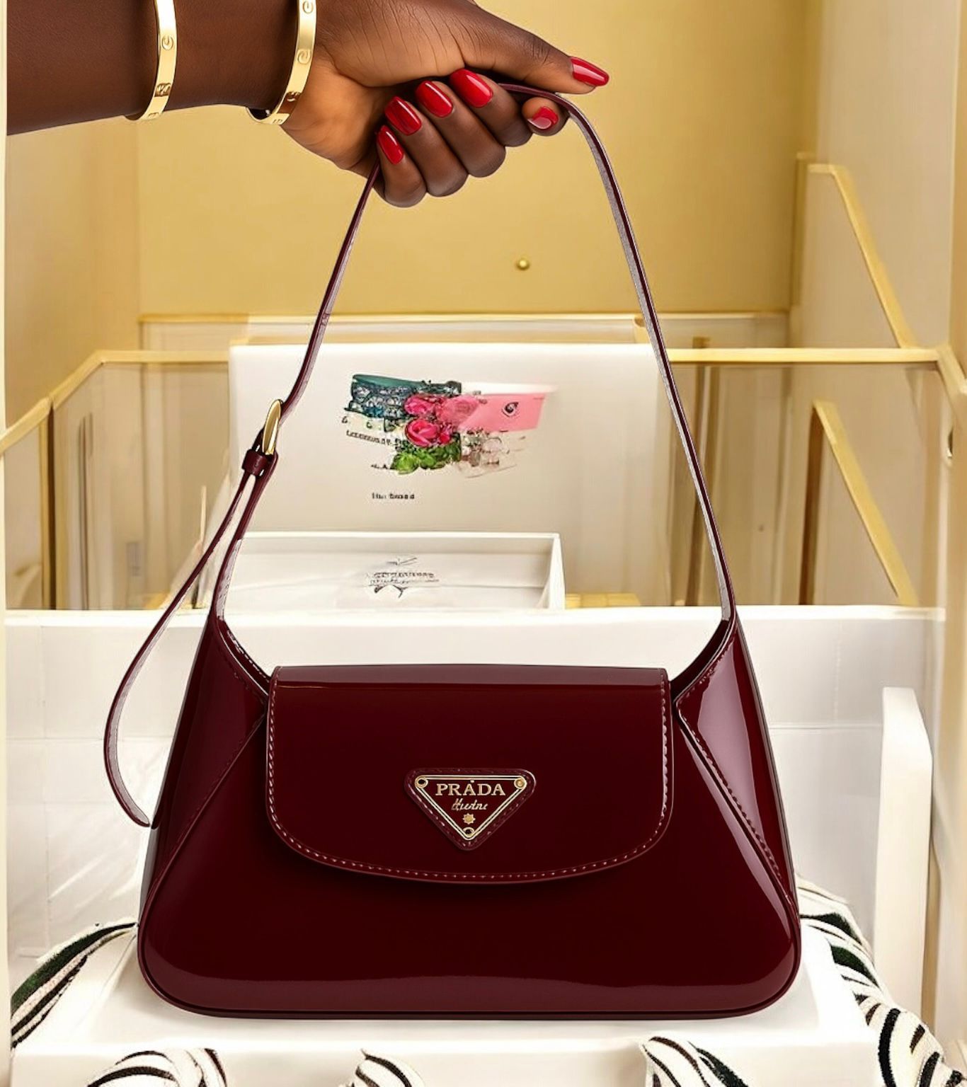 PRADA ENAMEL TRIANGLE LOGO FLAP WITH BOX