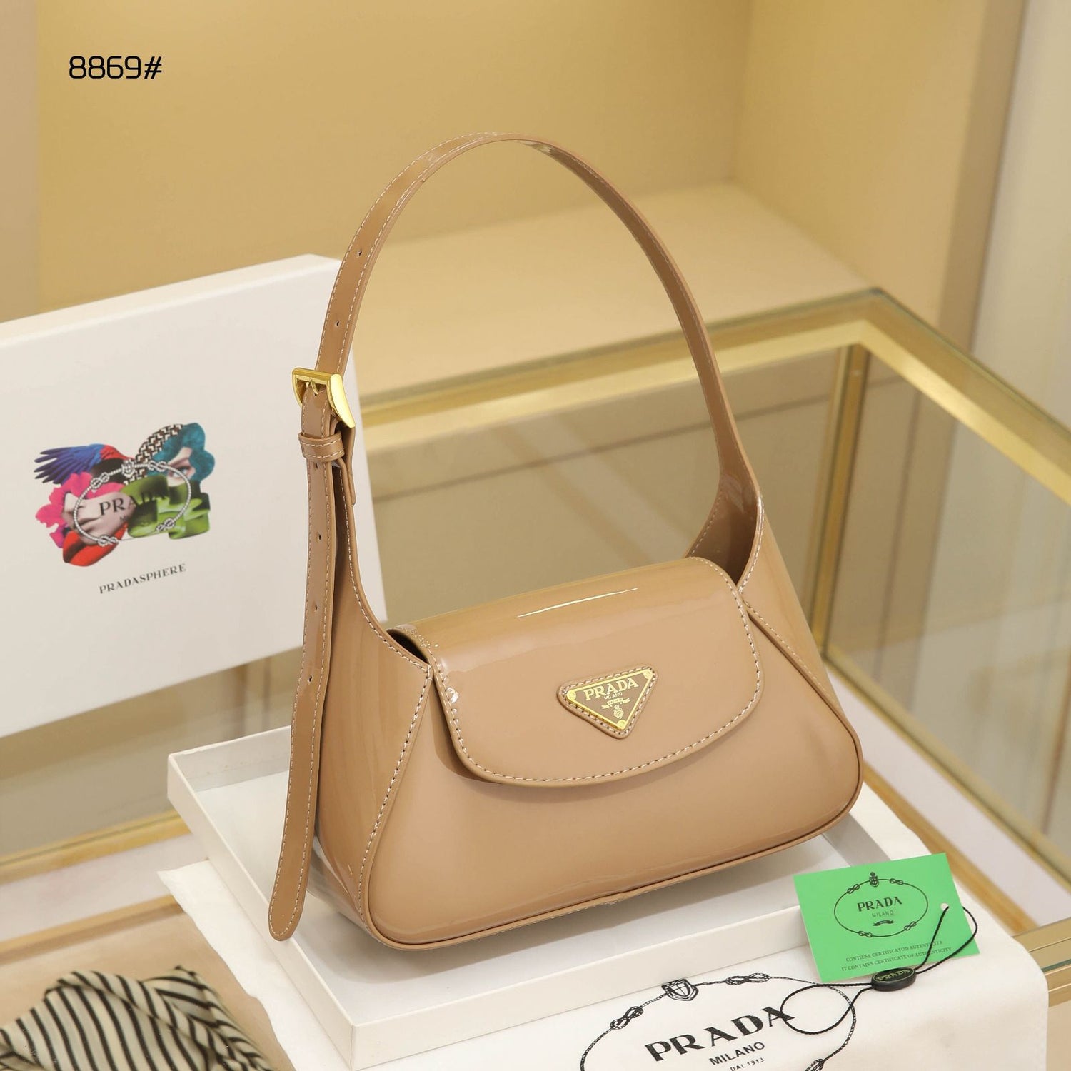 PRADA ENAMEL TRIANGLE LOGO FLAP WITH BOX