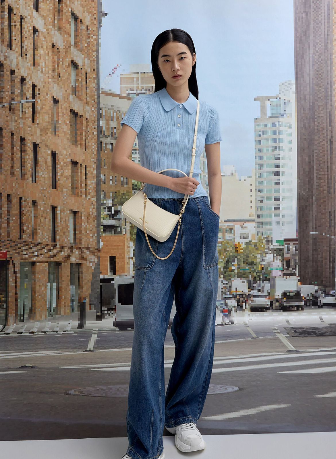 Charles keith Elspeth Croc Effect Chain Link Shoulder Bag Cream Croco with box